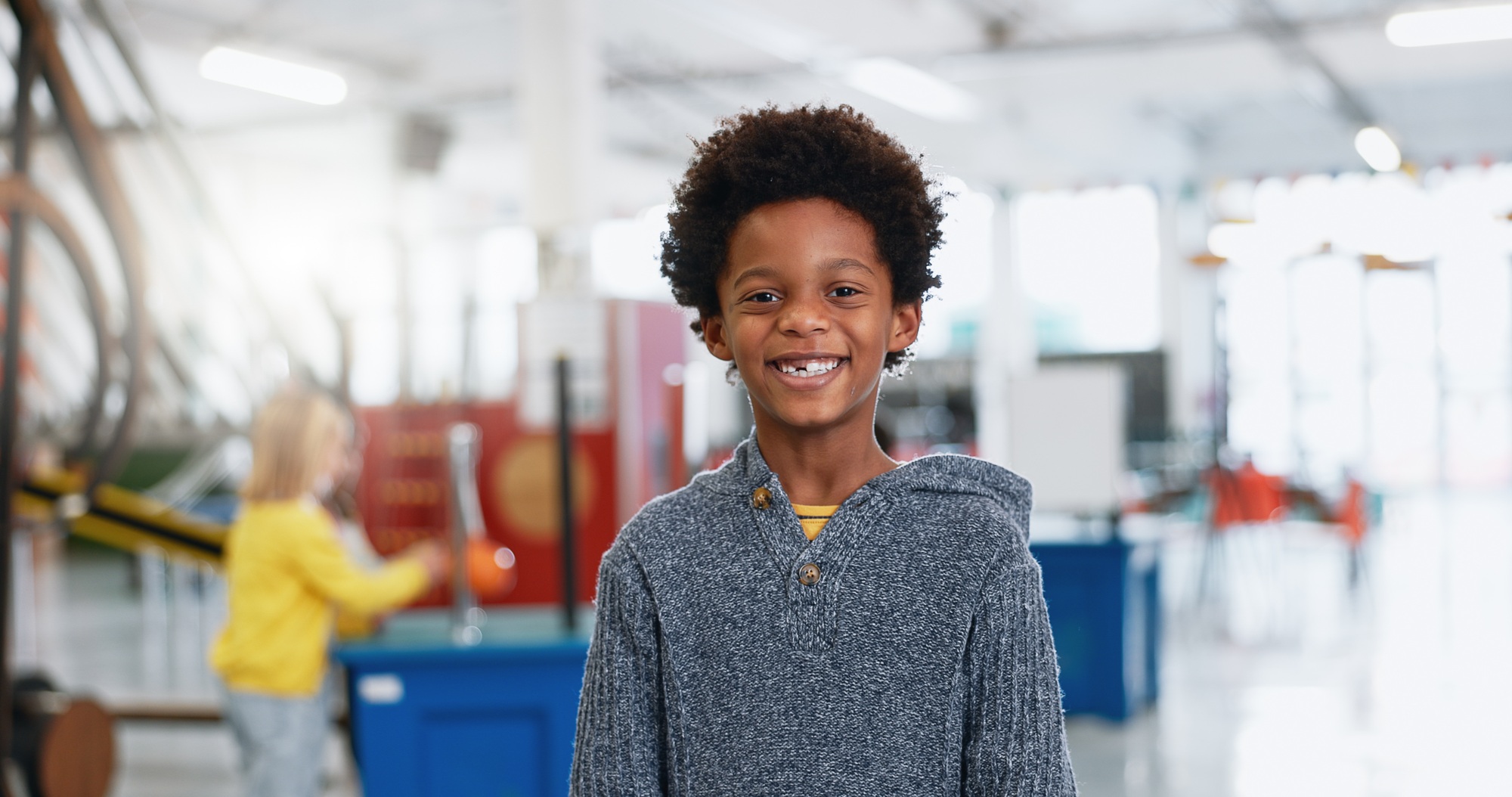 Portrait, boy and child with education for science, convention or exhibition with smile and confide